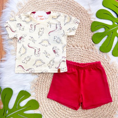 Conj. Camiseta Dinos e Bermuda - Creme e Vermelho